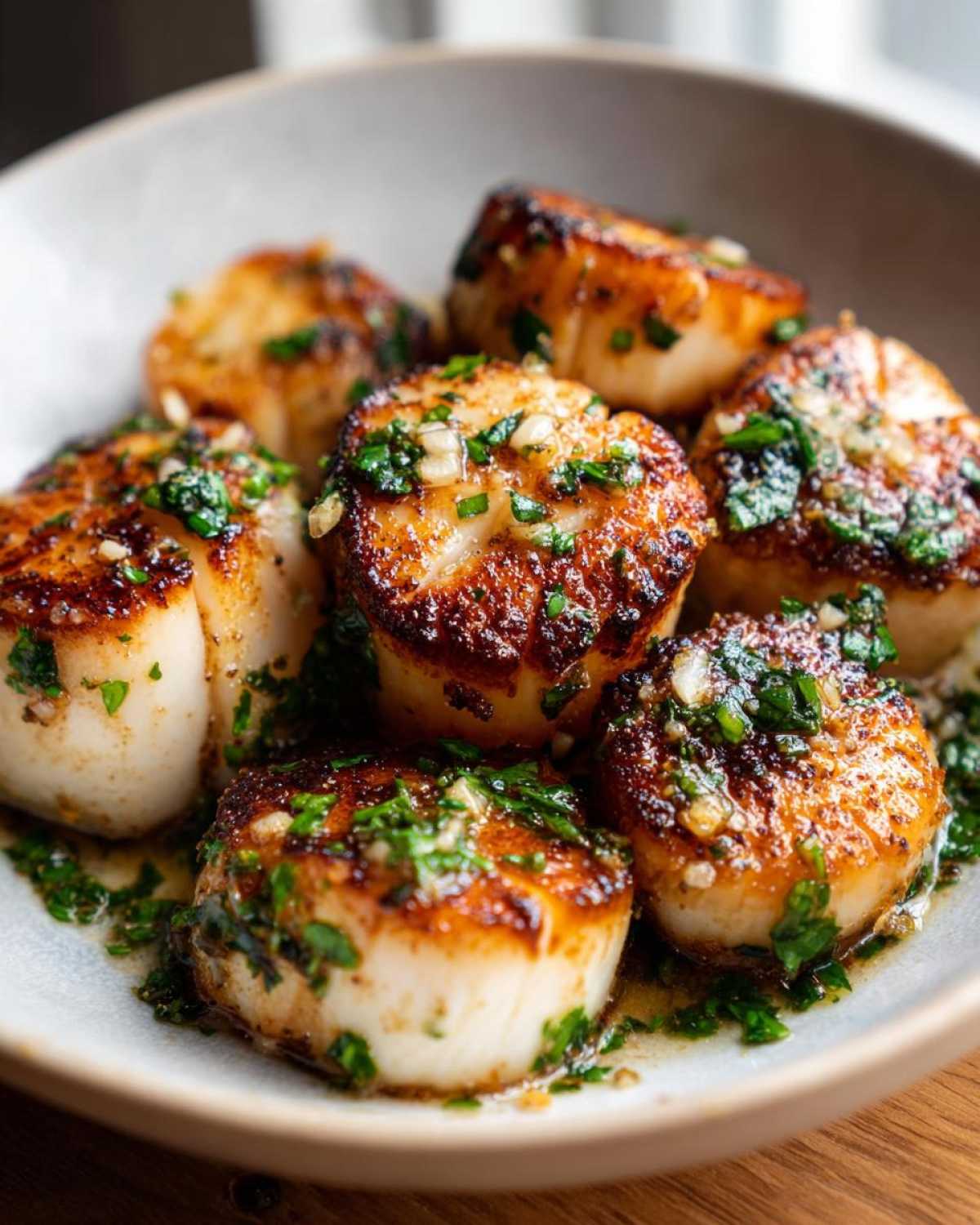Close-up of perfectly seared Garlic Butter Scallops with Lemon, topped with minced garlic and fresh parsley.