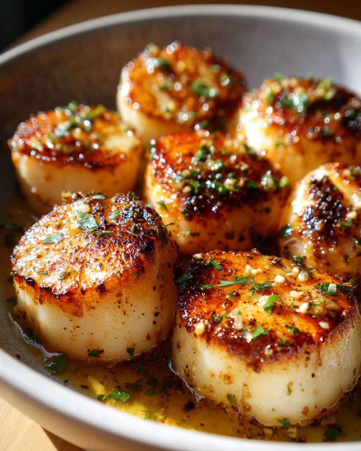 Close-up of seared Garlic Butter Scallops with Lemon, glistening in butter sauce and topped with herbs.