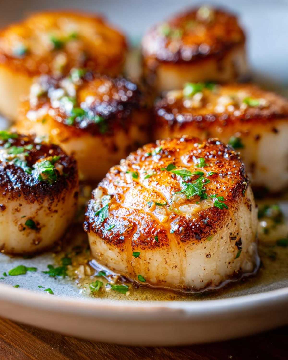 Close-up of perfectly seared Garlic Butter Scallops with Lemon, glistening in butter sauce and topped with parsley.