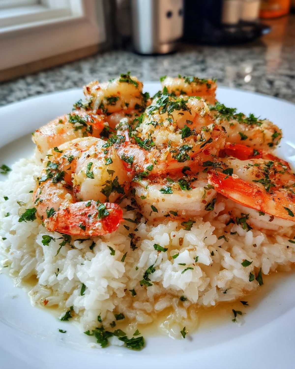 A close-up of Garlic Butter Shrimp and Rice Skillet, featuring plump shrimp coated in garlic butter and parsley over white rice.