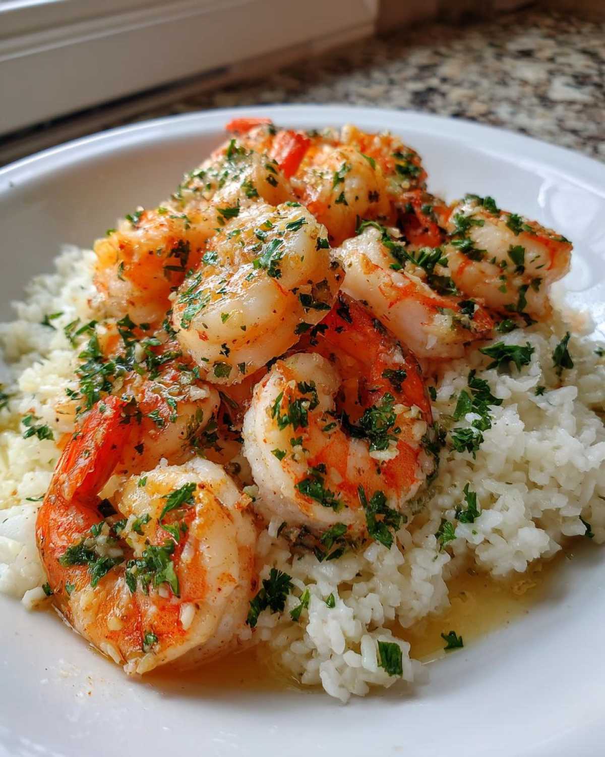 Close-up of Garlic Butter Shrimp and Rice Skillet, featuring plump shrimp over white rice with garlic butter sauce and parsley.