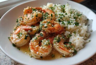 Close-up of Garlic Butter Shrimp and Rice Skillet, featuring juicy shrimp coated in garlic butter sauce next to fluffy rice.
