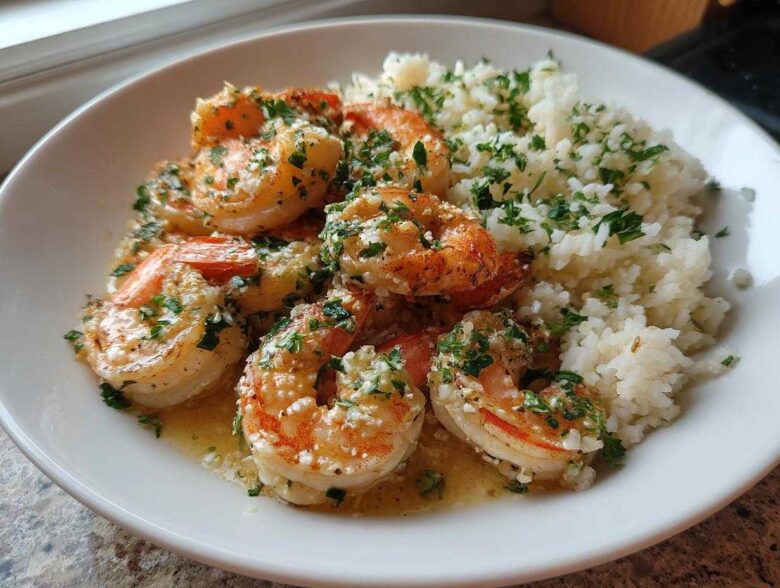 Close-up of Garlic Butter Shrimp and Rice Skillet, featuring juicy shrimp coated in garlic butter sauce next to fluffy rice.
