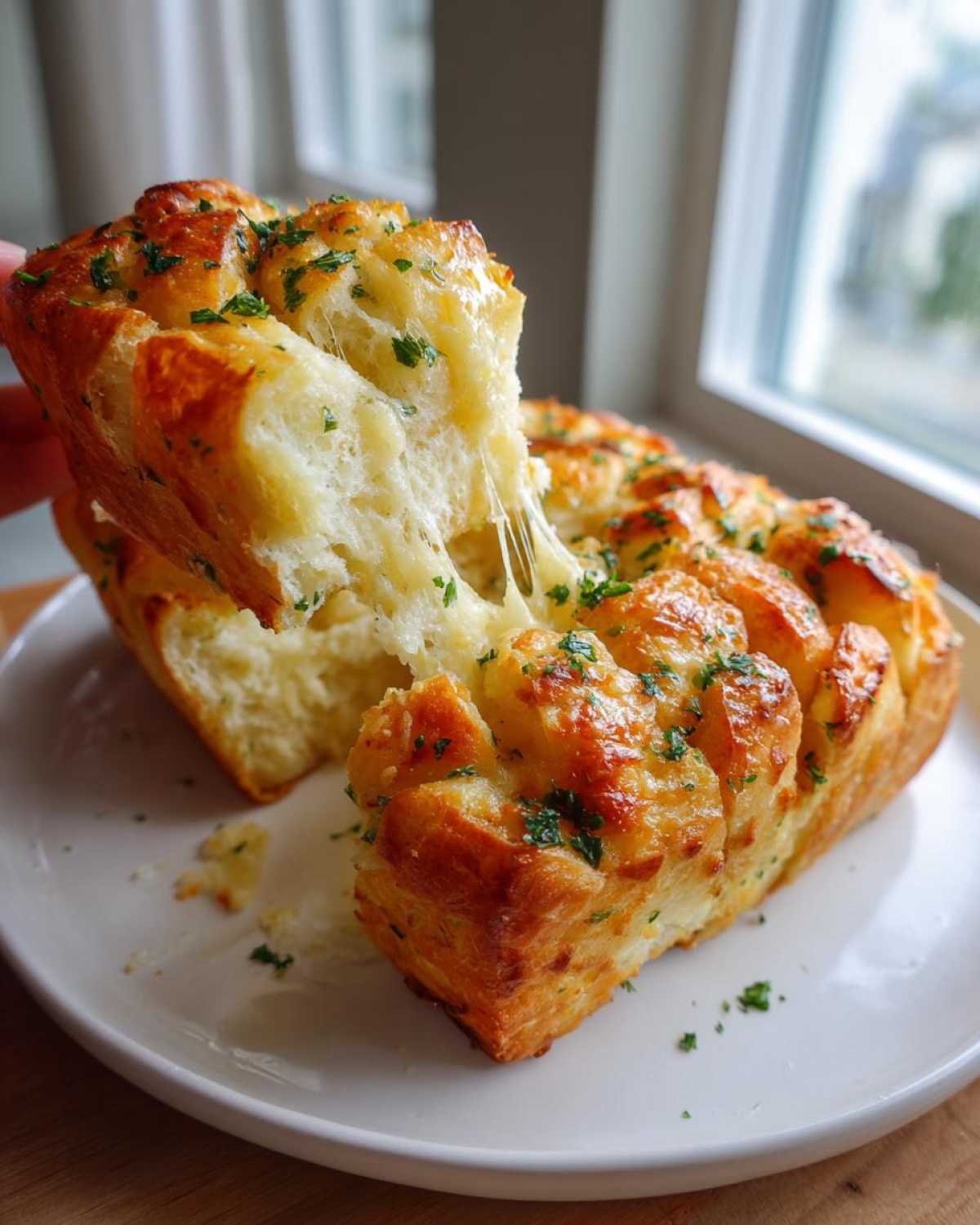 A piece of Garlic Parmesan Pull-Apart Bread being pulled away, showing melted, stretchy cheese.