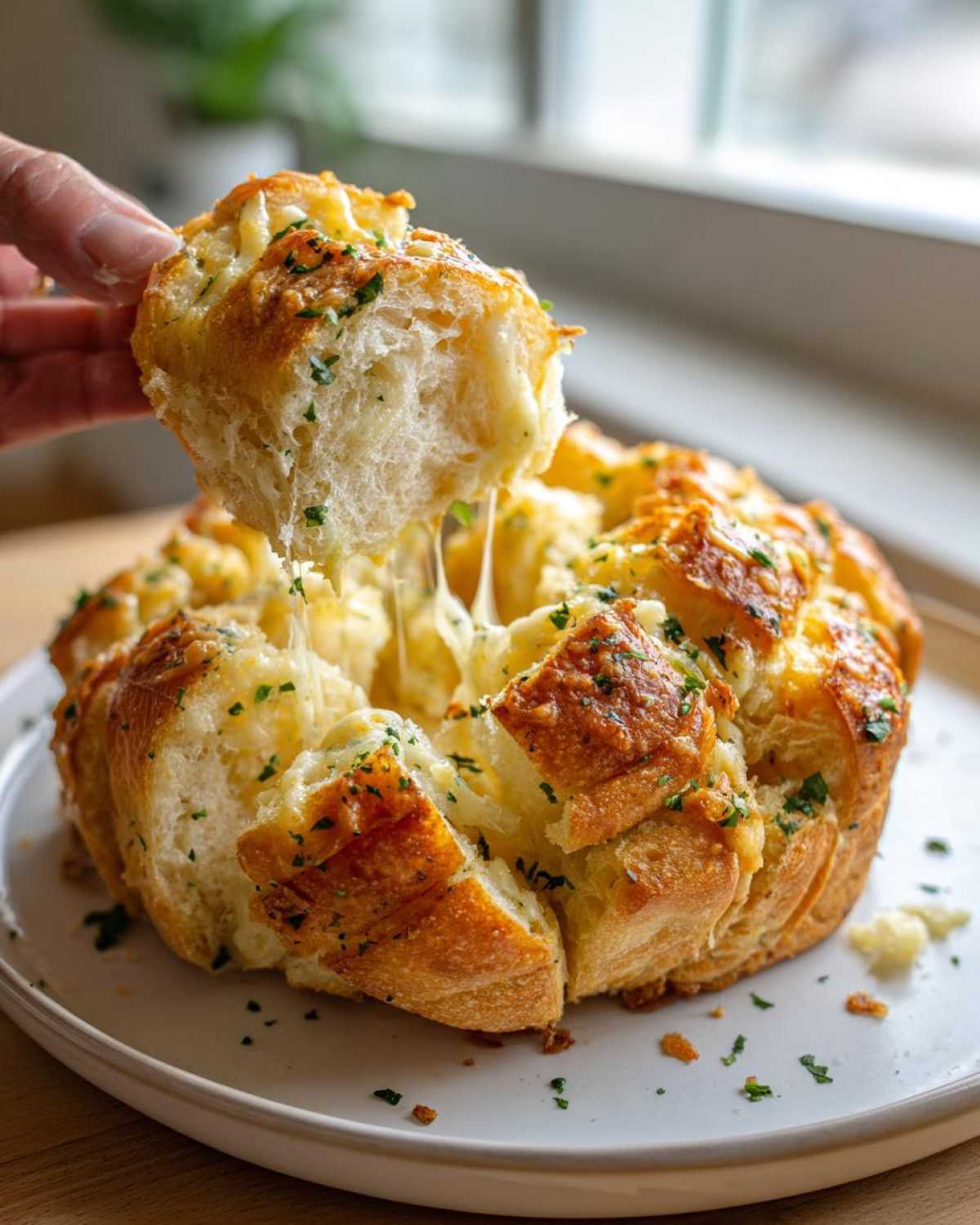 A hand pulls a piece from a baked Garlic Parmesan Pull-Apart Bread, showing melted cheese stretching between the pieces.