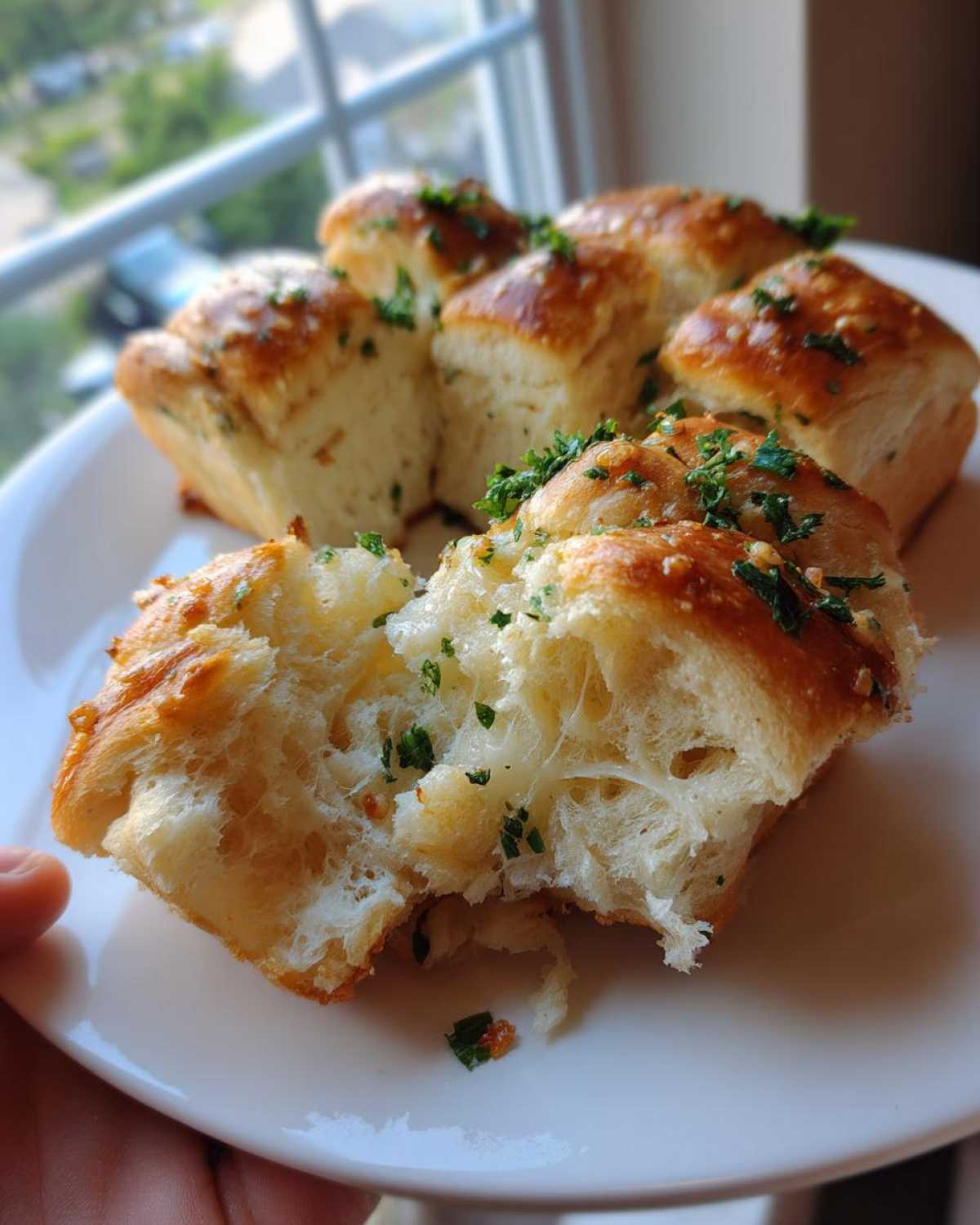 A piece of soft Garlic Parmesan Pull-Apart Bread being pulled apart, showing melted cheese and fresh parsley topping.