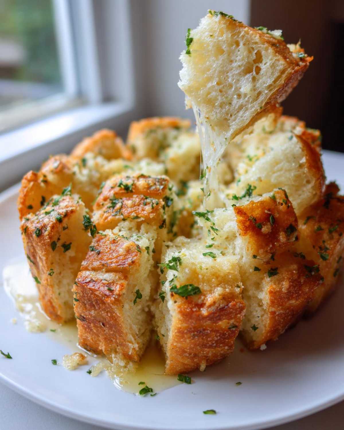 A piece of Garlic Parmesan Pull-Apart Bread is lifted, showing a dramatic cheese pull over the rest of the loaf.