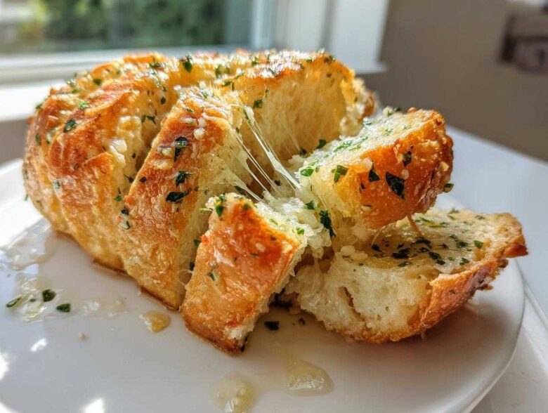 Close-up of cheesy Garlic Parmesan Pull-Apart Bread being pulled apart, showing melted cheese strings.