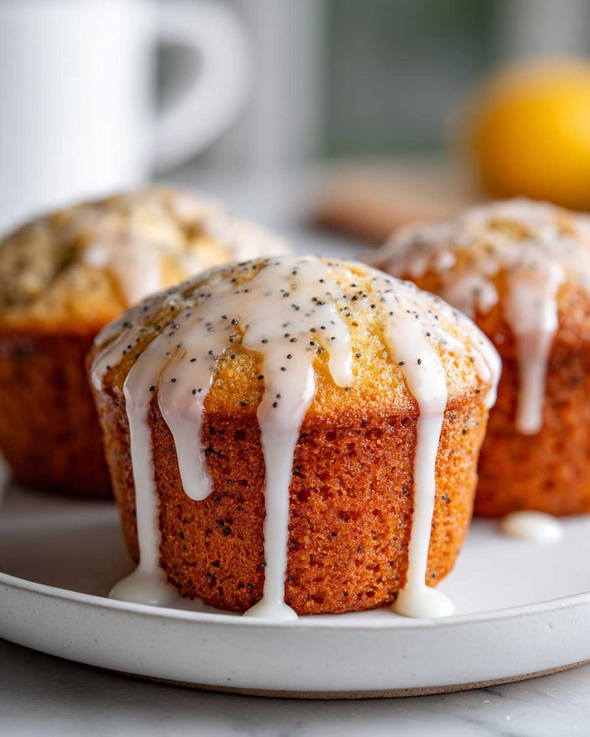 Close-up of Glazed Lemon Poppy Seed Muffins with thick white icing dripping down the sides.