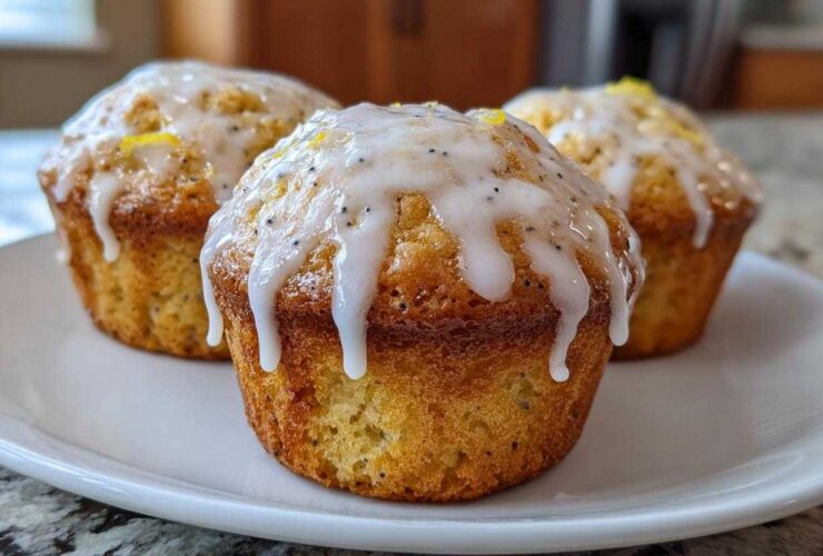 Three freshly baked Glazed Lemon Poppy Seed Muffins with thick white icing dripping down the sides, served on a white plate.