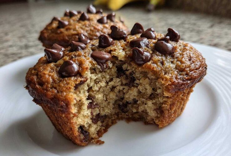 Close-up of a Gluten-Free Banana Chocolate Chip Muffin with a bite taken out, showing moist texture and chocolate chips.
