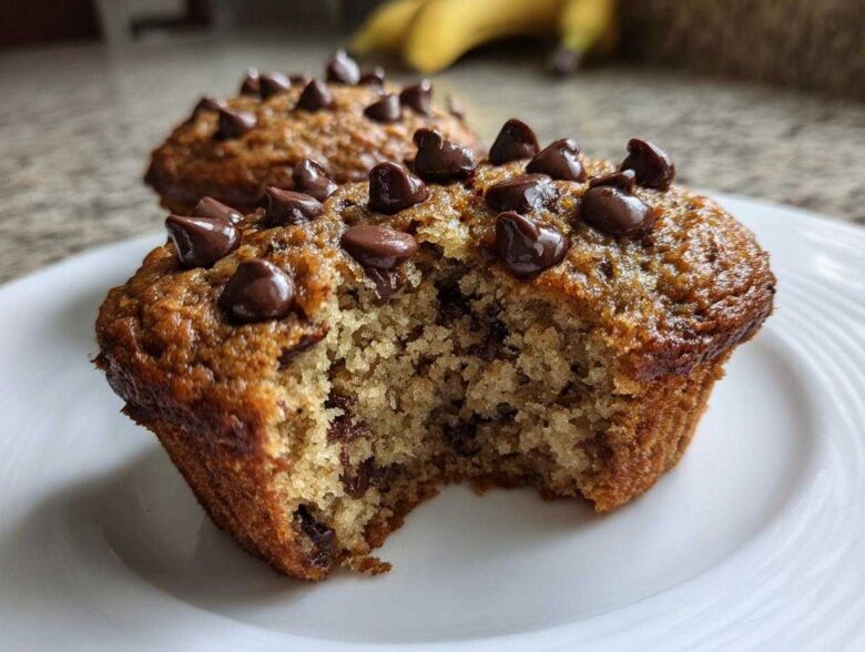 Close-up of a Gluten-Free Banana Chocolate Chip Muffin with a bite taken out, showing moist texture and chocolate chips.