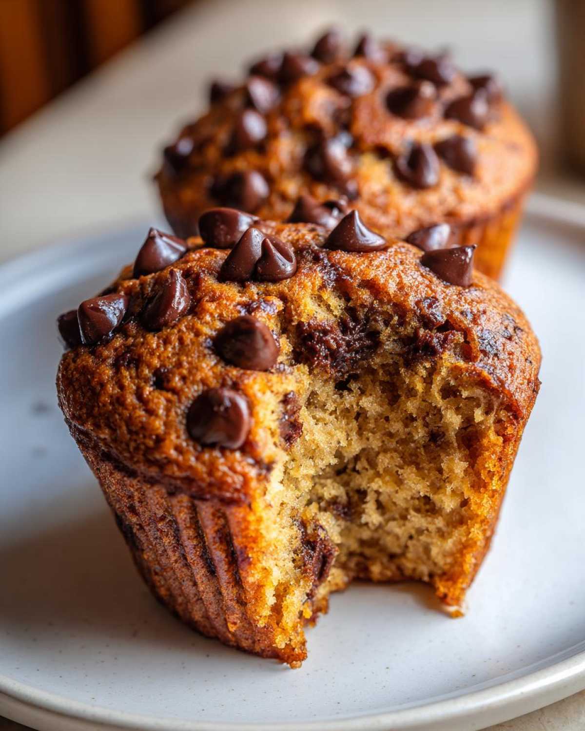 Close-up of a Gluten-Free Banana Chocolate Chip Muffin with a bite taken out, revealing a moist interior and chocolate chips.