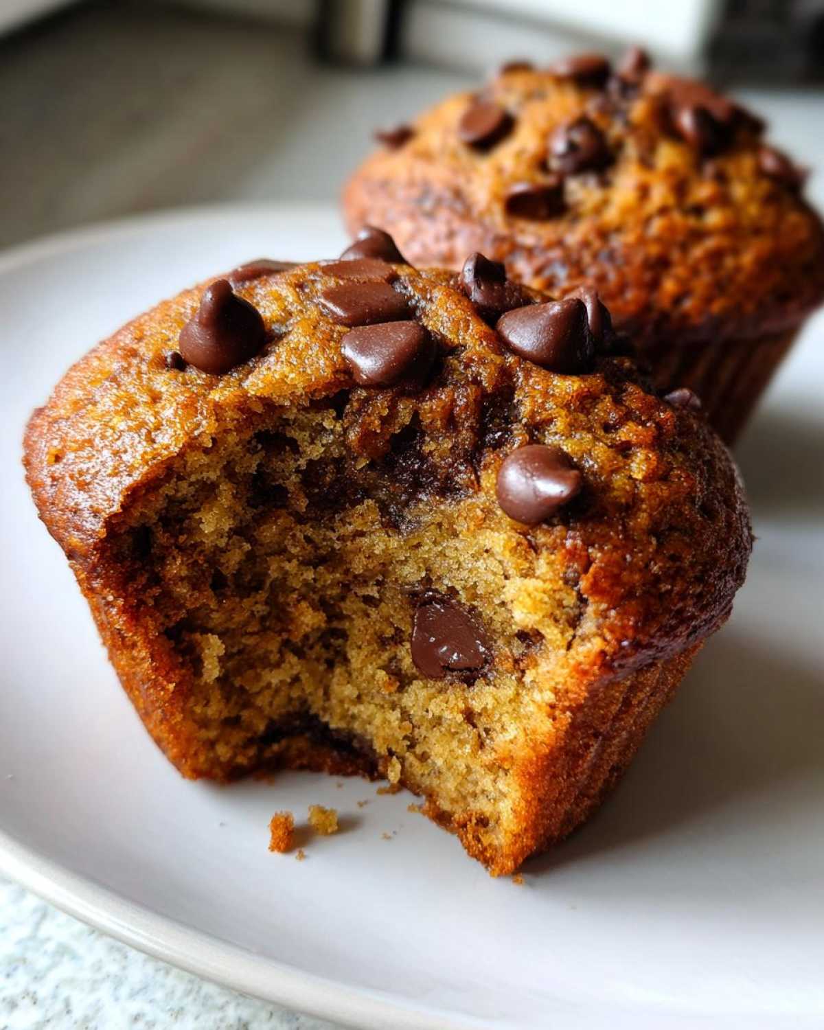Close-up of a Gluten-Free Banana Chocolate Chip Muffin with a bite taken out, showing moist interior and melted chocolate chips.