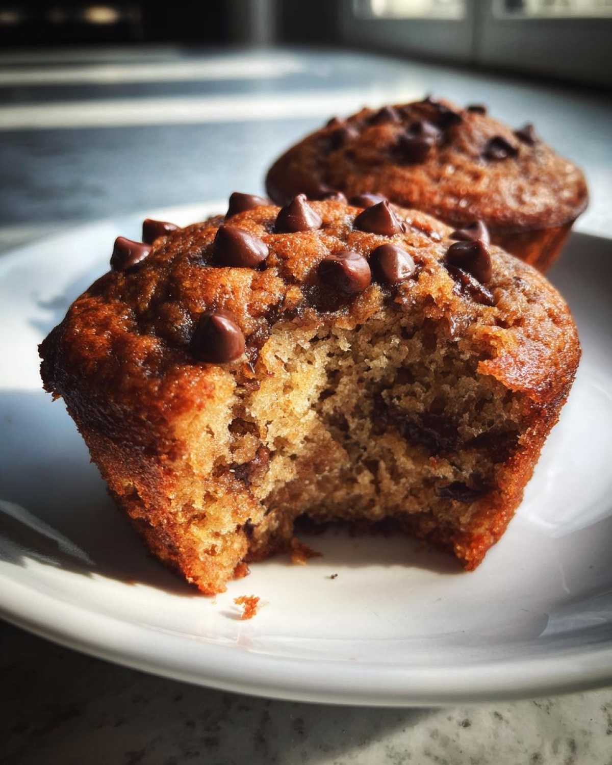 Close-up of a Gluten-Free Banana Chocolate Chip Muffin with a bite taken out, showing moist interior and chocolate chips.