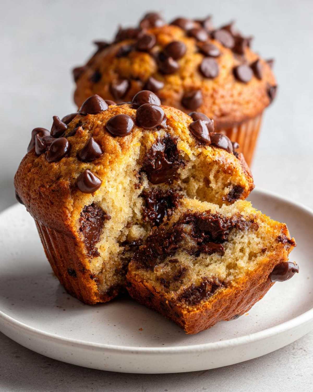 Close-up of a Gluten-Free Banana Chocolate Chip Muffin broken open showing moist crumb and melted chocolate chips.