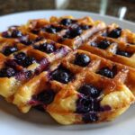 Close-up of a golden, freshly made Gluten-Free Blueberry Waffle studded with juicy blueberries on a white plate.