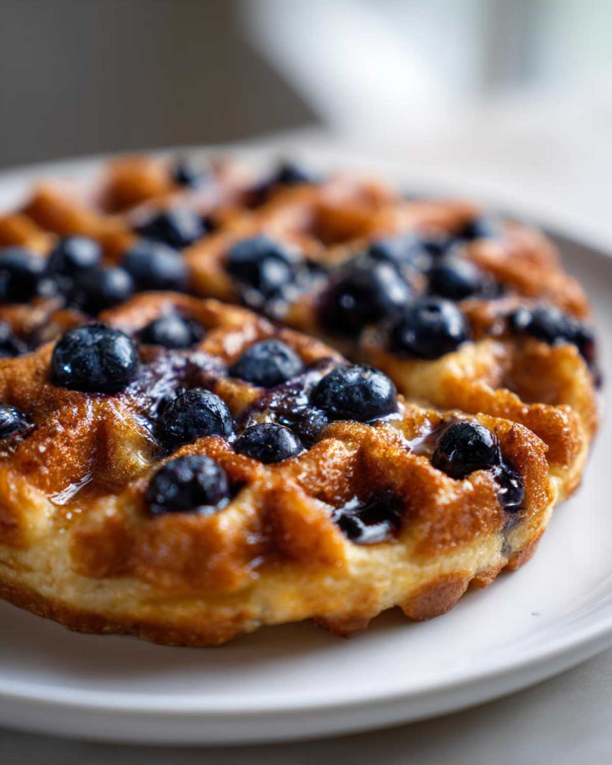 A close-up, appetizing shot of a golden brown Gluten-Free Blueberry Waffle topped generously with fresh blueberries and syrup.