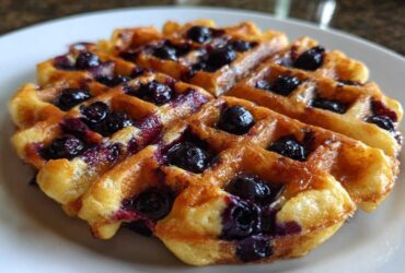 Close-up of a golden, freshly made Gluten-Free Blueberry Waffle studded with juicy blueberries on a white plate.