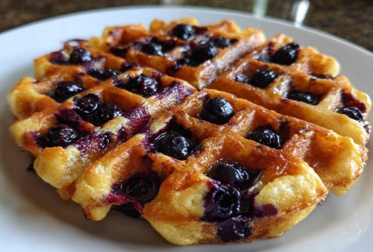 Close-up of a golden, freshly made Gluten-Free Blueberry Waffle studded with juicy blueberries on a white plate.