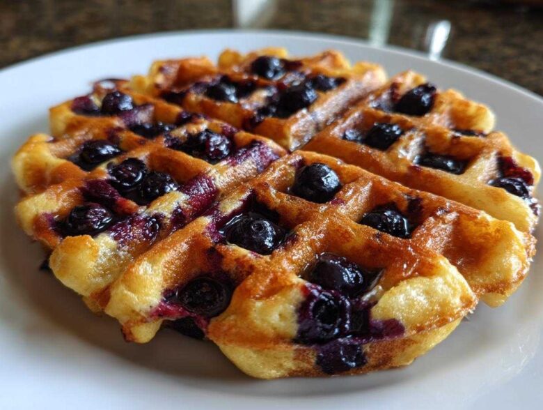 Close-up of a golden, freshly made Gluten-Free Blueberry Waffle studded with juicy blueberries on a white plate.