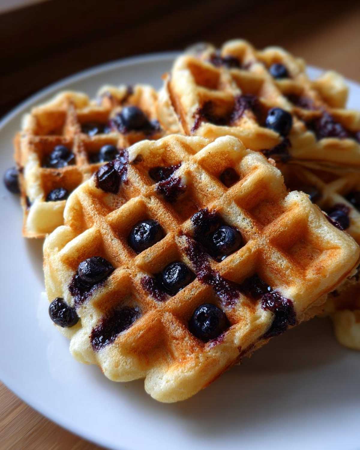 Close-up of golden brown Gluten-Free Blueberry Waffles with visible blueberries baked into the grid pattern, served on a white plate.