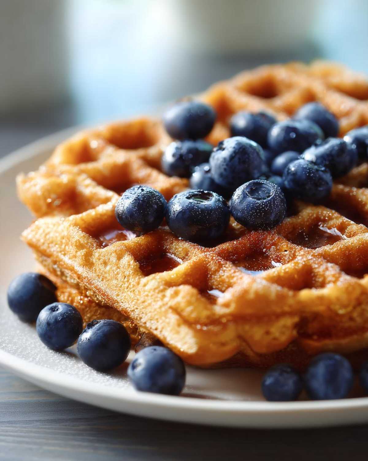 Close-up of golden Gluten-Free Blueberry Waffles stacked and topped with fresh blueberries and syrup.