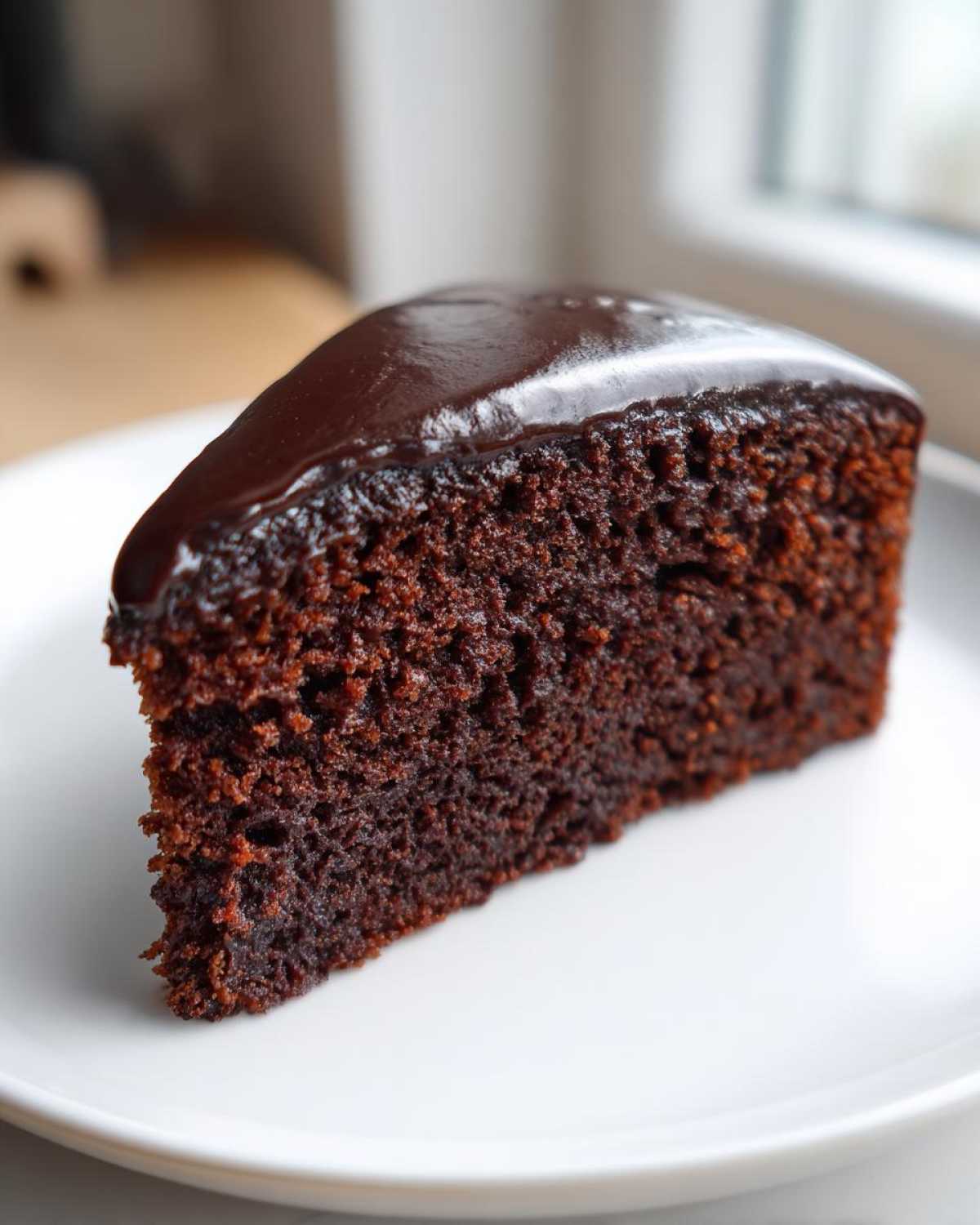 A close-up of a moist slice of Gluten-Free Chocolate Cake topped with shiny dark chocolate ganache.