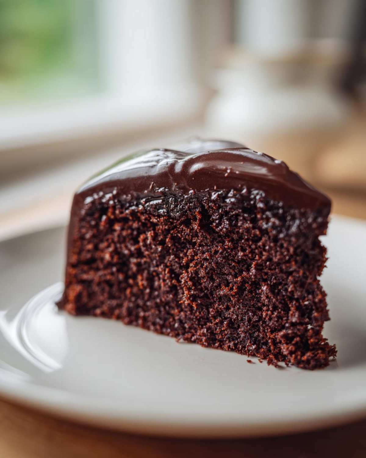 Close-up of a moist slice of Gluten-Free Chocolate Cake topped with glossy dark chocolate ganache.