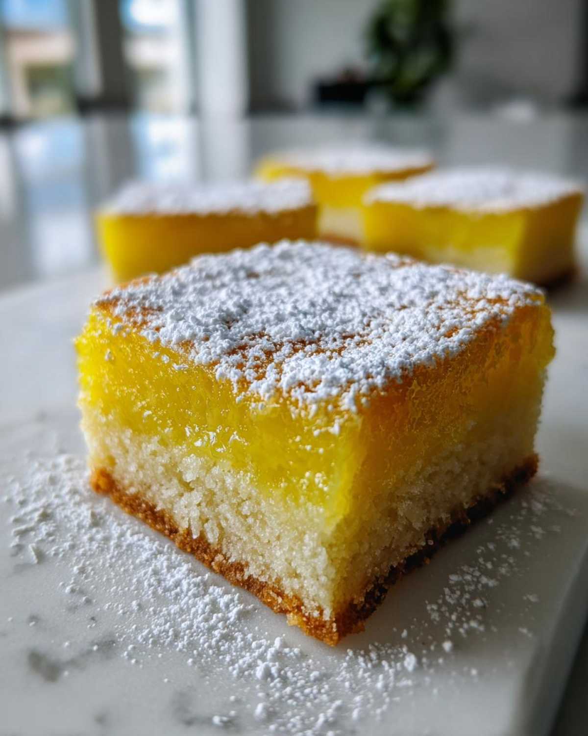 A close-up of one square of Gluten-Free Lemon Bars with a bright yellow filling, shortbread crust, and dusted with powdered sugar.