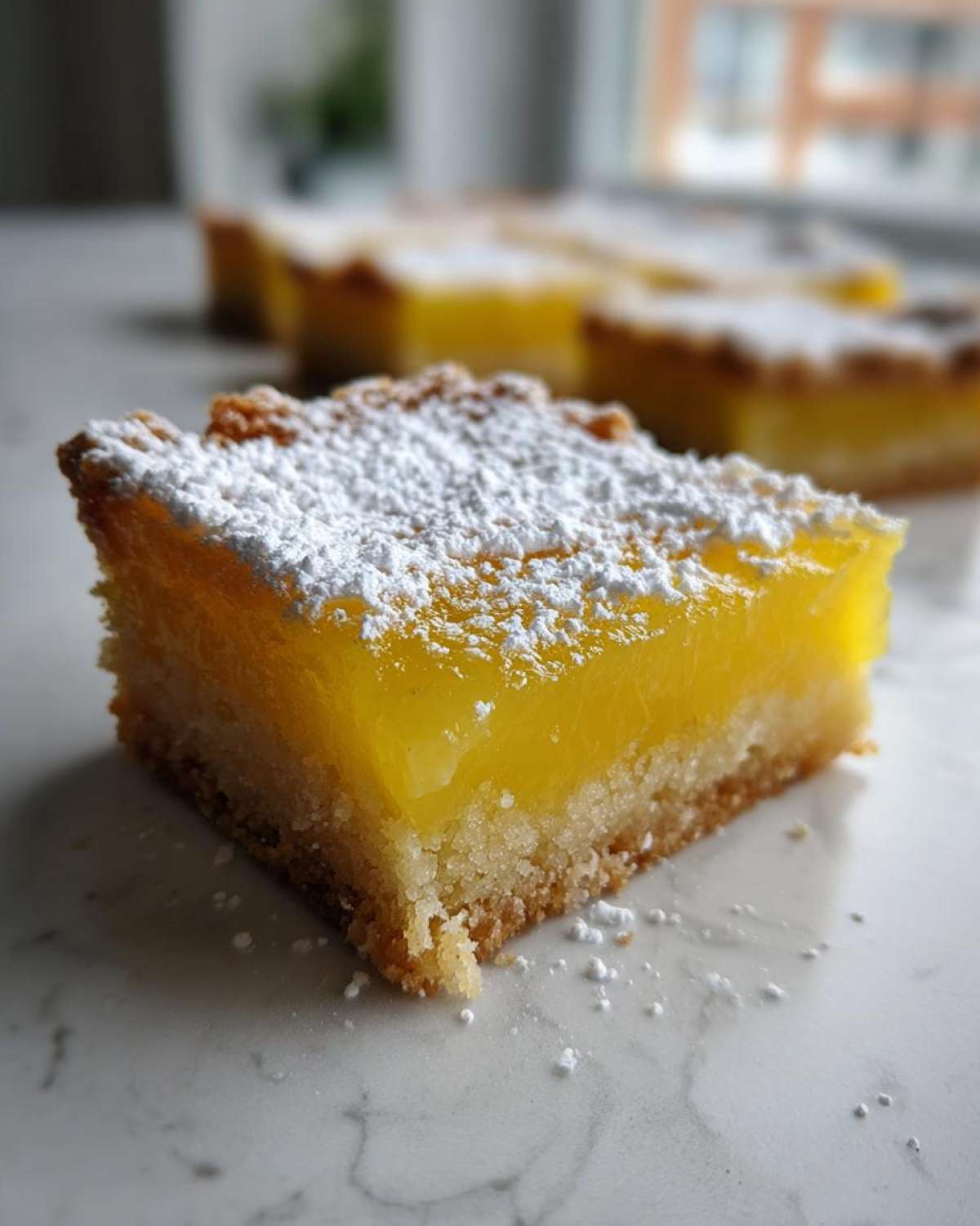 Close-up of a square Gluten-Free Lemon Bar topped with powdered sugar on a marble surface.