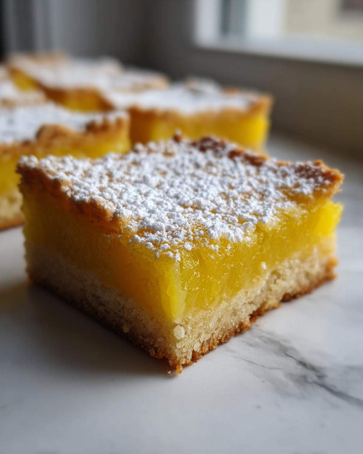 A single, thick square of Gluten-Free Lemon Bars with Shortbread Crust, topped with powdered sugar.