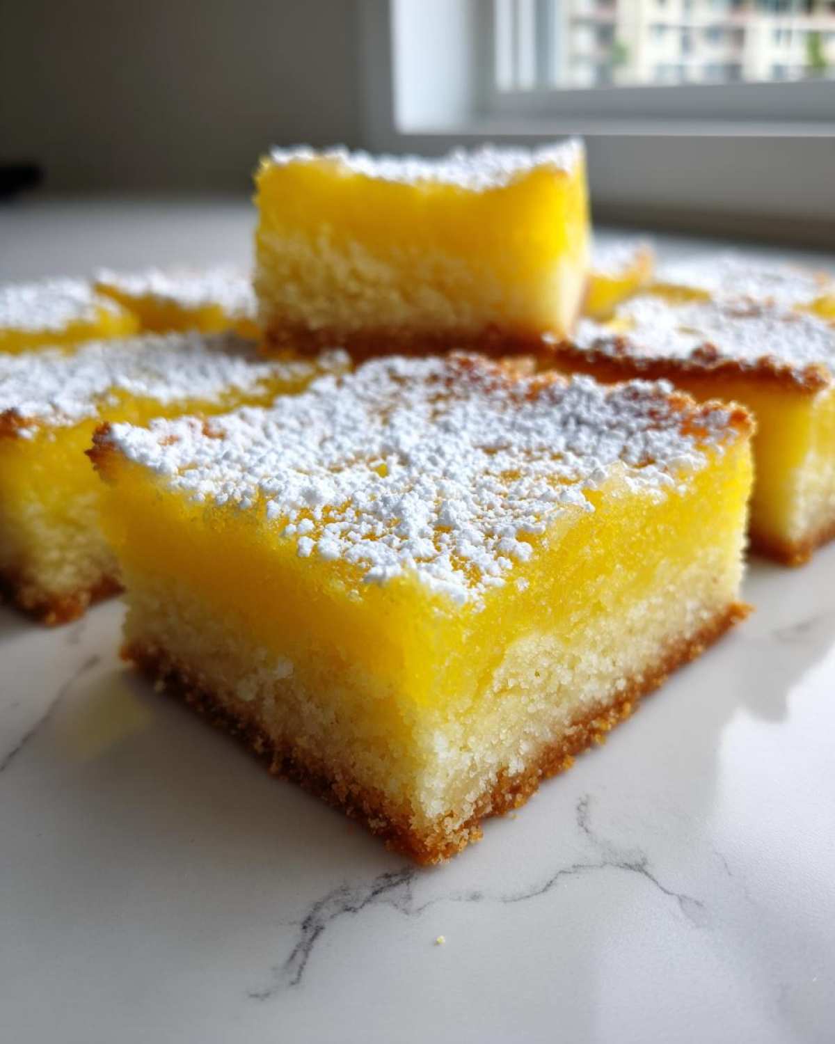 Close-up of square Gluten-Free Lemon Bars with shortbread crust, dusted with powdered sugar.