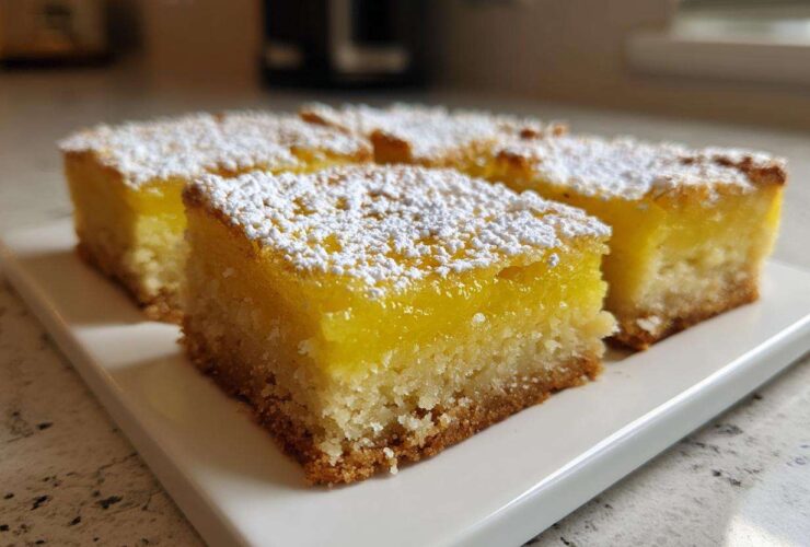 Close-up of square Gluten-Free Lemon Bars with Shortbread Crust topped with powdered sugar.