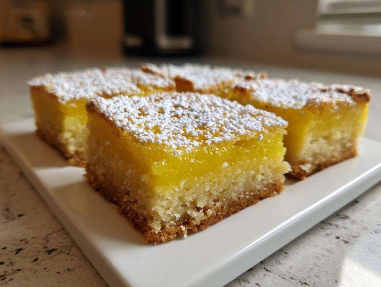 Close-up of square Gluten-Free Lemon Bars with Shortbread Crust topped with powdered sugar.