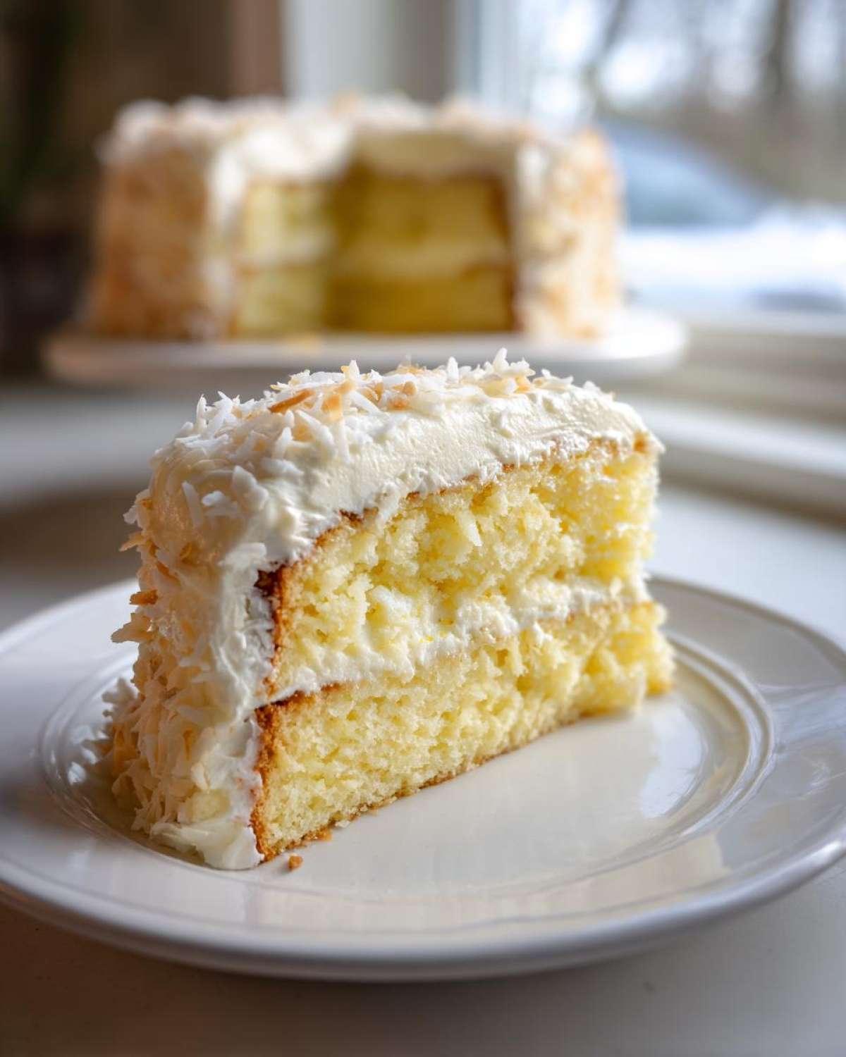 A close-up slice of moist Gluten-Free Lemon Coconut Cake layered with white frosting and topped with toasted coconut flakes.
