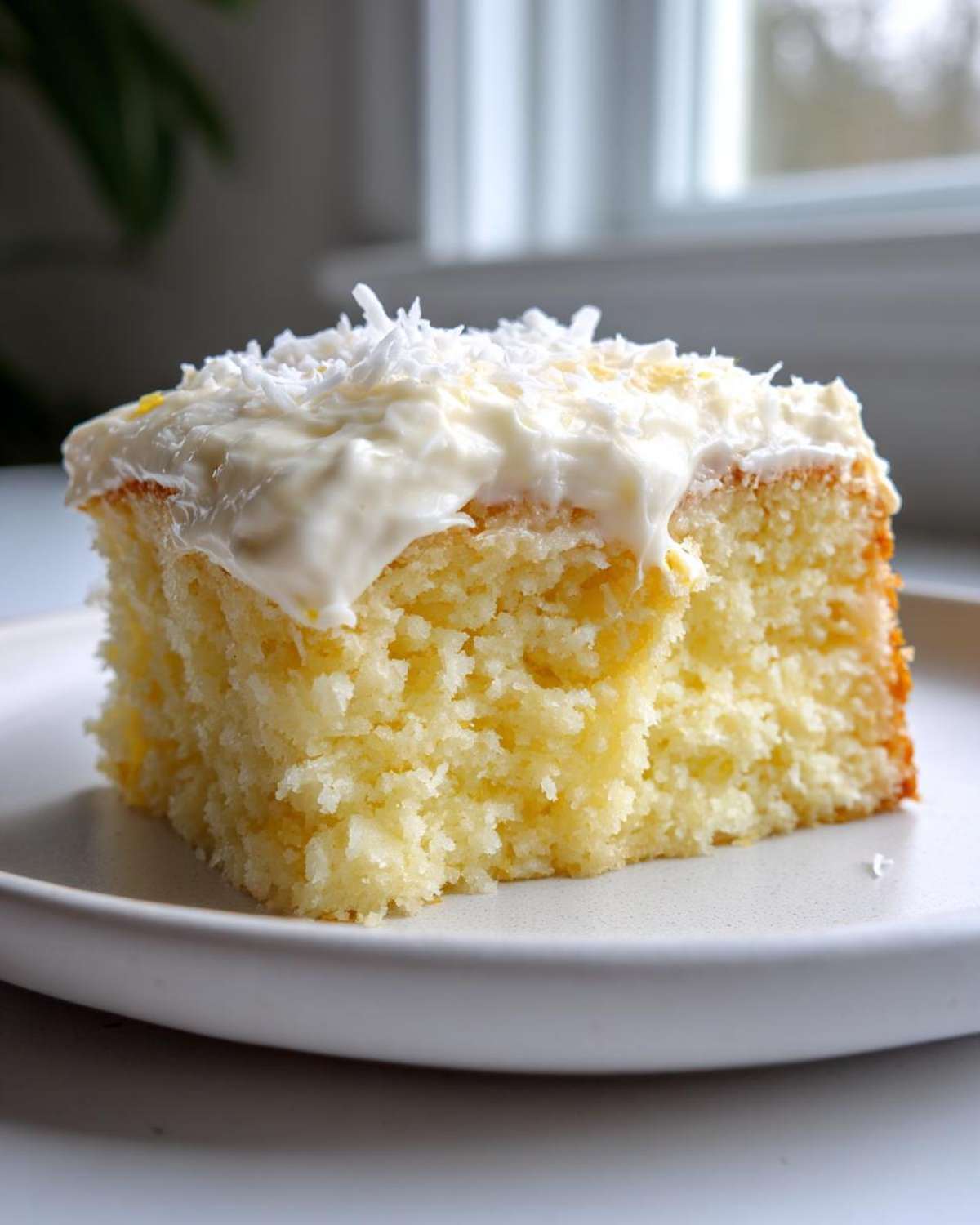 Close-up of a moist slice of Gluten-Free Lemon Coconut Cake topped with white frosting and shredded coconut.