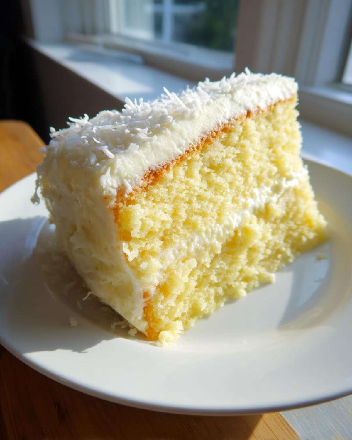 A moist slice of Gluten-Free Lemon Coconut Cake with white frosting and shredded coconut topping on a white plate.
