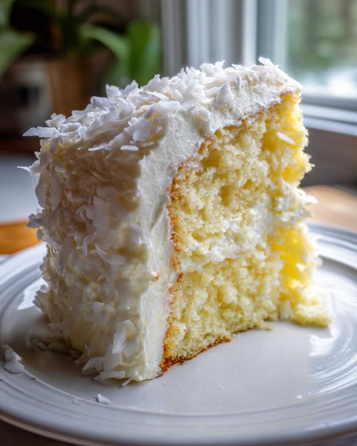 Close-up of a moist slice of Gluten-Free Lemon Coconut Cake covered in thick white frosting and shredded coconut.