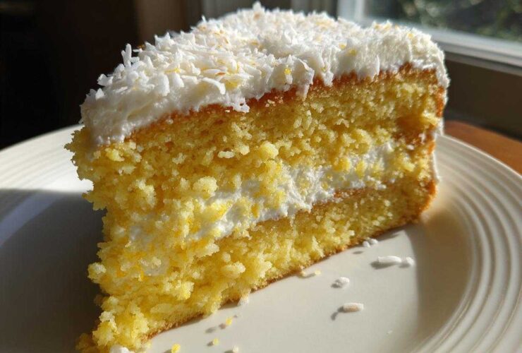 Close-up of a moist slice of Gluten-Free Lemon Coconut Cake layered with cream and topped with shredded coconut.
