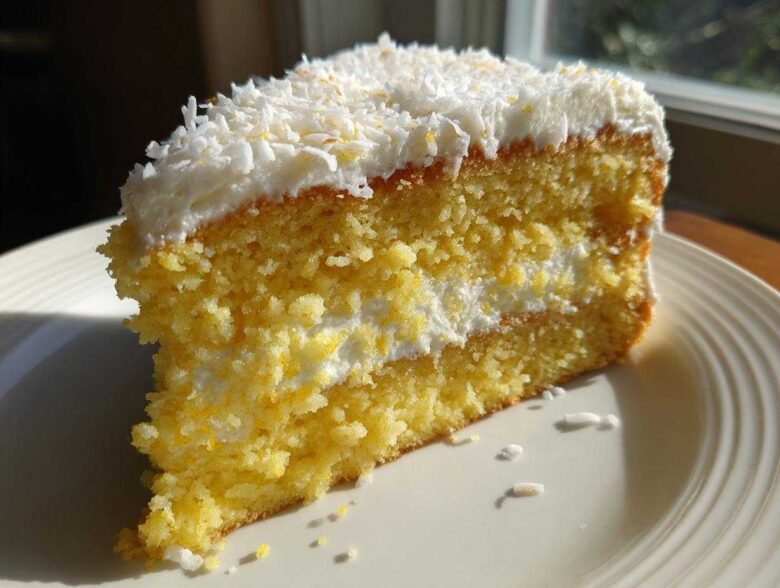 Close-up of a moist slice of Gluten-Free Lemon Coconut Cake layered with cream and topped with shredded coconut.