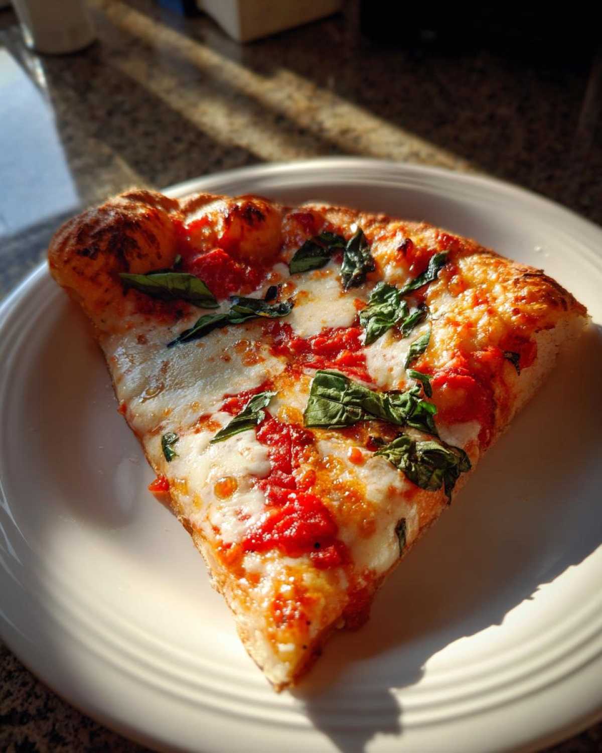 A single slice of Gluten-Free Margherita Pizza topped with melted mozzarella, bright tomato sauce, and fresh basil leaves.