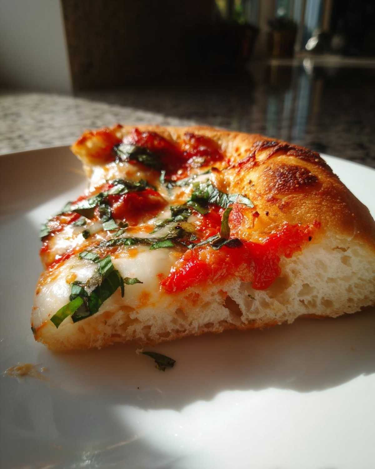 Close-up of a thick-crusted slice of Gluten-Free Margherita Pizza topped with melted mozzarella, bright red sauce, and fresh basil.
