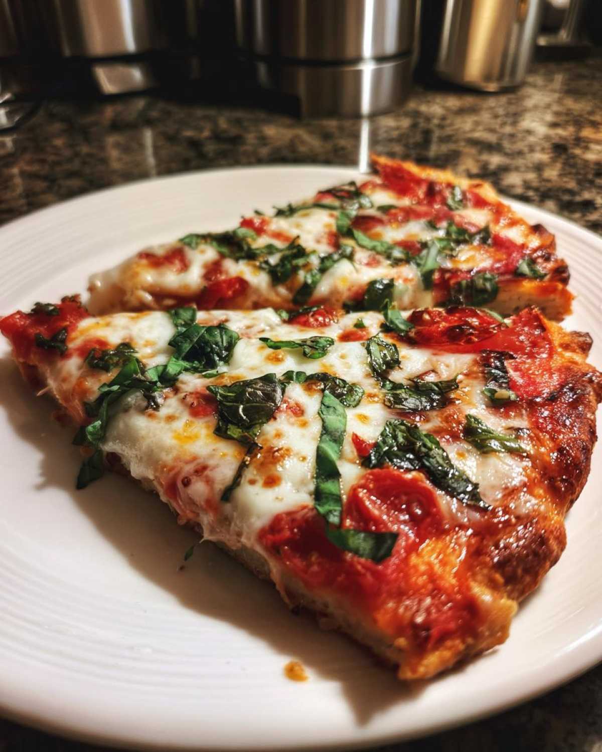 Two delicious slices of Gluten-Free Margherita Pizza topped with melted mozzarella, red sauce, and fresh basil.
