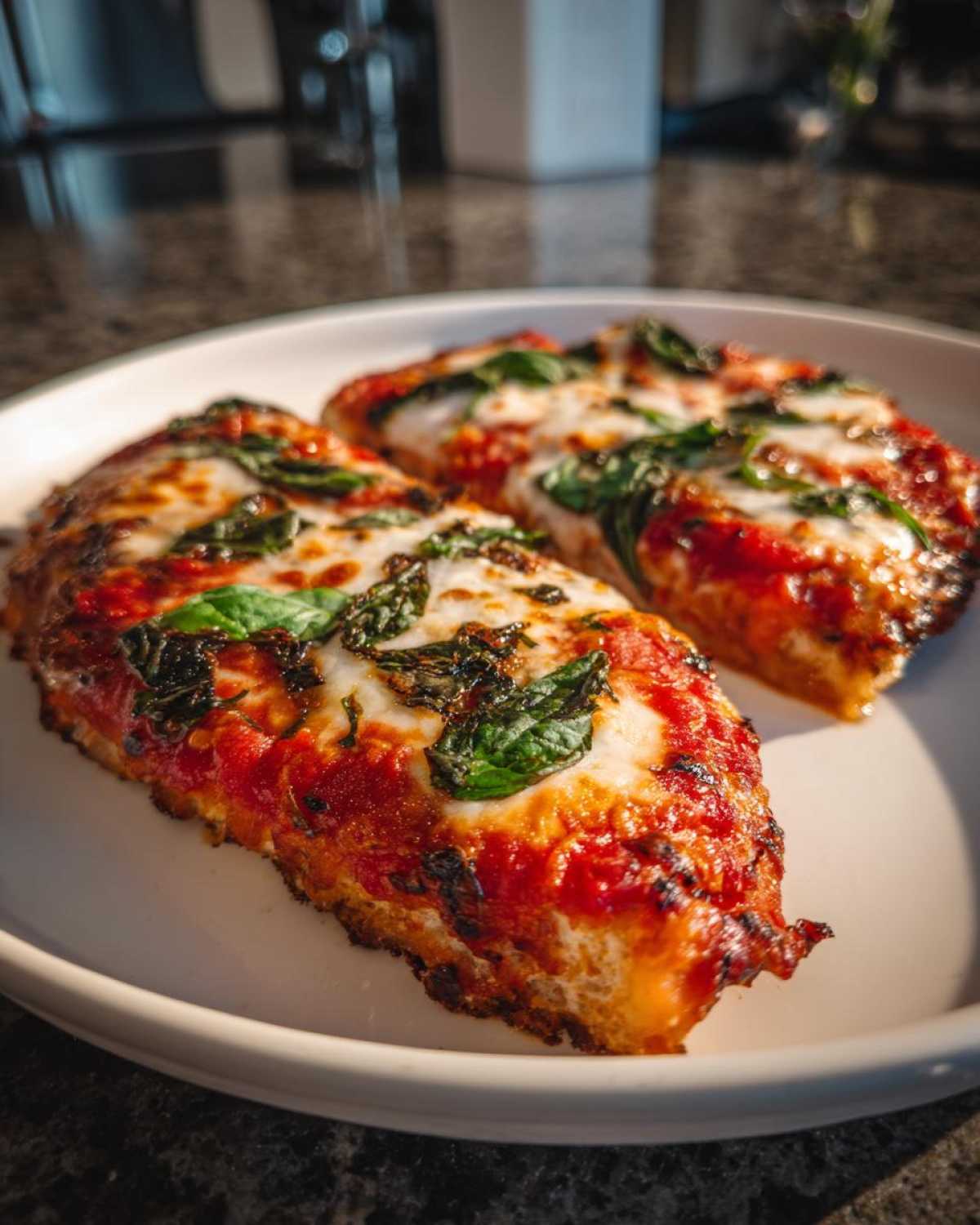 Two slices of bubbling Gluten-Free Margherita Pizza topped with melted mozzarella, bright tomato sauce, and fresh basil leaves.