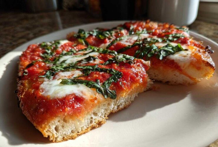 Close-up of thick-crust Gluten-Free Margherita Pizza slices topped with bright red sauce, melted mozzarella, and fresh basil.