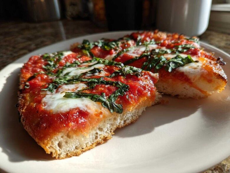 Close-up of thick-crust Gluten-Free Margherita Pizza slices topped with bright red sauce, melted mozzarella, and fresh basil.