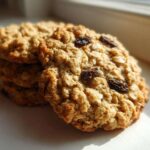 A stack of freshly baked Gluten-Free Oatmeal Raisin Cookies, with one cookie prominently featured in the foreground.