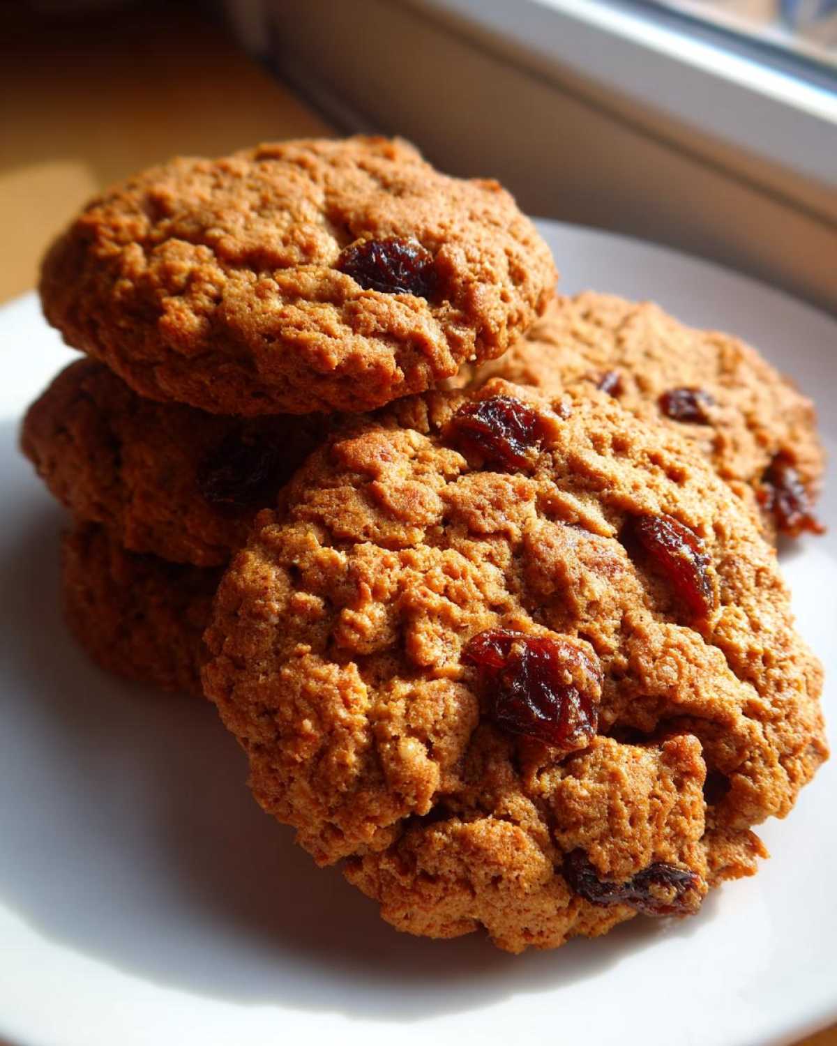 A close-up stack of four chewy Gluten-Free Oatmeal Raisin Cookies on a white plate.