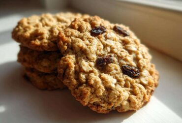 A stack of freshly baked Gluten-Free Oatmeal Raisin Cookies, with one cookie prominently featured in the foreground.